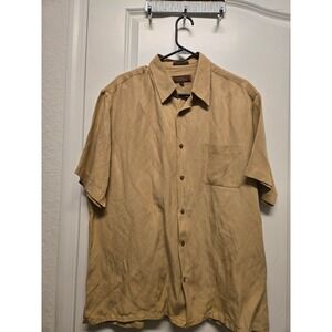 Tasso Elba Mens XL Silk Linen Short Sleeve Button Down Shirt Tan Khaki Safari